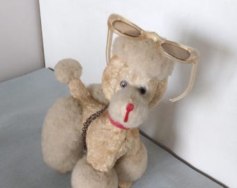 Pluche hond poodle, Franse stijl, baret, bril , vintage verzameldier