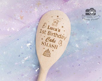 Wooden Cake Smash Spoon Teddy Bear 10" Personalised Engraved Spoon for Cake Smash Photography with Website Logo Business Name Child's Name