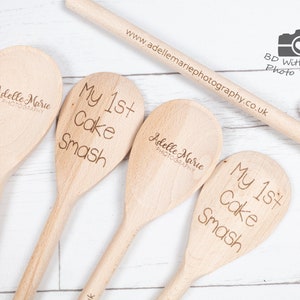 Wooden Cake Smash Spoon Personalised Engraved Spoon for Cake Smash Photography with Website Logo Business Name or Child's  Name