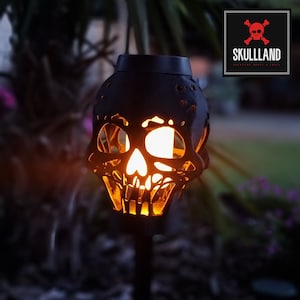 Set of 2 LED solar lamp / torch SKULL | SKULL with flame effect black