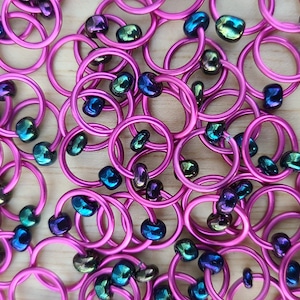 Snag free Stitch Markers &quot;Black Rainbow&quot;  ,Dangle free knitting rings - Hot Pink Rings