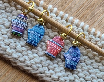 4 Piece Fair Isle Mitten set - Winter Stitch Marker, Christmas Progress Keeper / Festive Needle Hugger