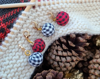 4 Piece Plaid Ornament set - Winter Stitch Marker, Christmas Progress Keeper / Festive Needle Hugger