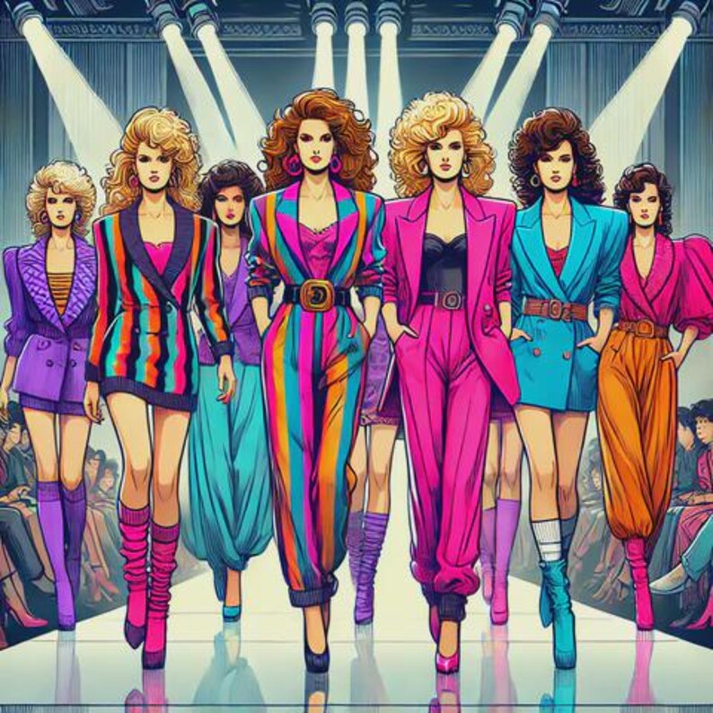 Pu&ograve; includere: Illustrazione di una sfilata di moda con modelle in abiti vivaci ispirati agli anni '80. Le modelle indossano blazer, tute e abiti colorati nelle tonalit&agrave; del rosa, blu, arancione e viola. La passerella &egrave; illuminata.