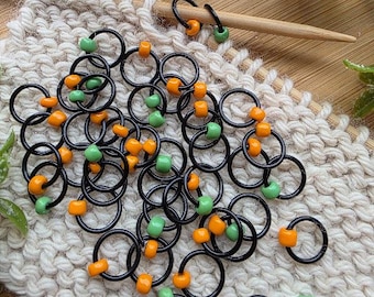 Snag free Stitch Markers "Midnight in the Pumpkin Patch" - Black Rings with Orange and Green beads, knitting gifts, knitting accessories