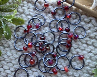 Snag free Stitch Markers "Glowing Embers"  ,Dangle free knitting rings, 2 row marker - Grey Anodized Aluminum Rings,  Red glass bead