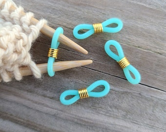 Set of 4 or 8 Teal and Gold Knitting Needle Minder, Needle Hugger. Stitch Stopper, Project Keeper