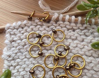 Snag free Stitch Markers "Gold Nugget" - Gold Rings, 2 row counter, raglan set knitting gifts, knitting accessories.