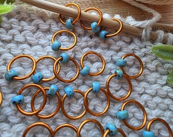 Snag free Stitch Markers "Copper Petina" - Burnt Orange  Rings, Opaque pale teal/blue  marble bead, knitting gifts, knitting accessories