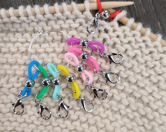 Rainbow Knitting Needle Hugger 8 Piece set, Needle Stopper. Stitch Stopper, Project Keeper (silver tone-sphere)