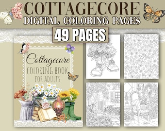 Cottagecore Coloring Book | Botanical Garden & Cottage Illustrations | Aesthetic Adult Coloring Gift, Printable PDF