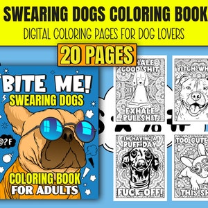 Libro para colorear de perros que dicen palabrotas en formato PDF DIGITAL, páginas para colorear imprimibles de cachorros y palabrotas para adultos con razas de perros divertidas que dicen palabrotas