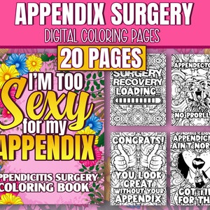 Libro para colorear digital de cirugía de apéndice, citas divertidas y motivadoras, páginas para colorear imprimibles para mujeres después de una cirugía de eliminación de apendicitis