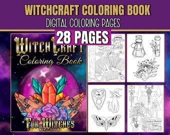 Könnte beinhalten: Ein digitales Malbuch mit 28 Seiten mit Illustrationen zu Hexenthemen. Das Cover zeigt eine Kristallkugel mit Händen, die einen großen Kristall und Blumen halten. Der Text auf dem Cover lautet "Witchcraft Coloring Book" und "For Witches".