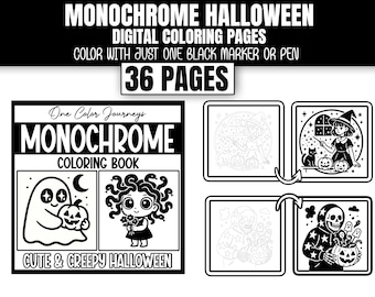 May include: Monochrome Halloween digital coloring book with 36 pages. The cover features a ghost holding a pumpkin and a Medusa-like character. The pages include illustrations of a witch, a skeleton, and other Halloween-themed images.
