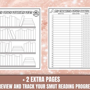 May include: Printable black and white book list with the title "My Spicy Library List" and "My Favorite Spicy Books". The list includes space to write the book title, author, and rating.