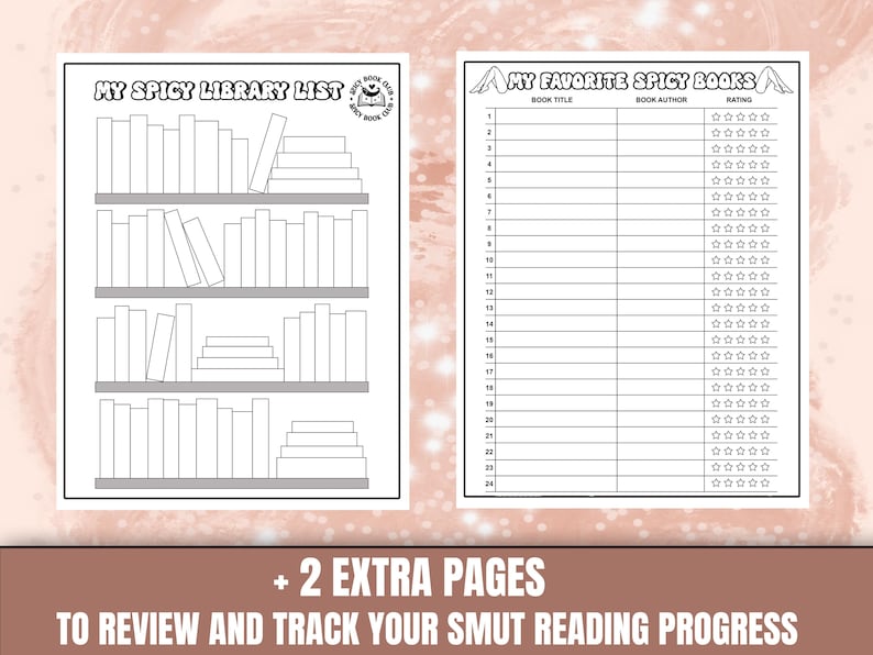 May include: Printable black and white book list with the title "My Spicy Library List" and "My Favorite Spicy Books". The list includes space to write the book title, author, and rating.