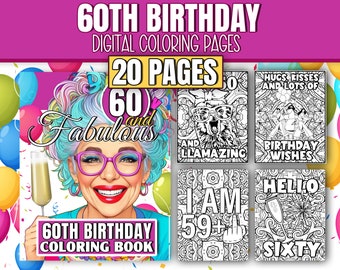Può includere: Un libro da colorare digitale con 20 pagine di disegni per un 60° compleanno. La copertina presenta una donna con capelli blu e rosa che indossa occhiali e un'espressione felice. Il testo sulla copertina recita "60 e Favoloso 60° Compleanno Libro da Colorare".