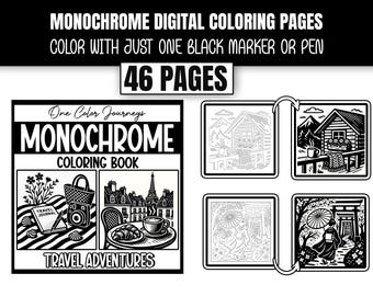 Monochrome Travel Coloring Book: Famous Landscapes, One-Color Art (Digital PDF)