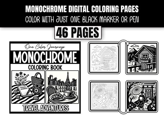 Monochrome Travel Coloring Book: Famous Landscapes, One-Color Art (Digital PDF)