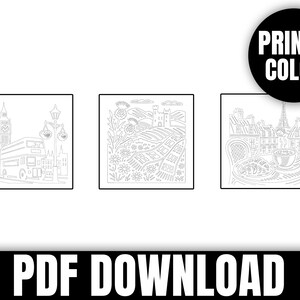 May include: Black and white line drawings of iconic landmarks, including a London bus, Scottish countryside, and a Parisian cafe with the Eiffel Tower. The text "PRINT & COLOR" is in a black circle. The text "PDF DOWNLOAD" is at the bottom.