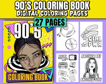 Puede incluir: Un libro de colorear digital con 27 páginas con ilustraciones de temática de los 90. La portada presenta a una mujer con un corte de pelo y ropa de estilo de los 90. Otras ilustraciones incluyen una radiocassette, una cinta de cassette, un disquete, un símbolo de poder femenino y un televisor retro.