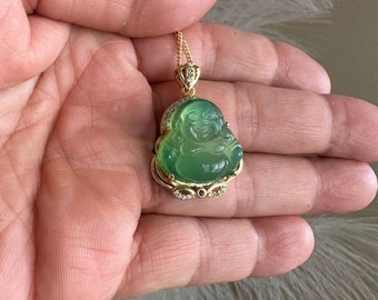 Petite Green Jade Buddha Pendant necklace gold Good Fortune Money Luck Joy Calm Restore Balance Unique Healthy Gift for her him Joy