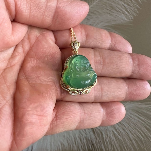 Petite Green Jade Buddha Pendant necklace gold Good Fortune Money Luck Joy Calm Restore Balance Unique Healthy Gift for her him Joy