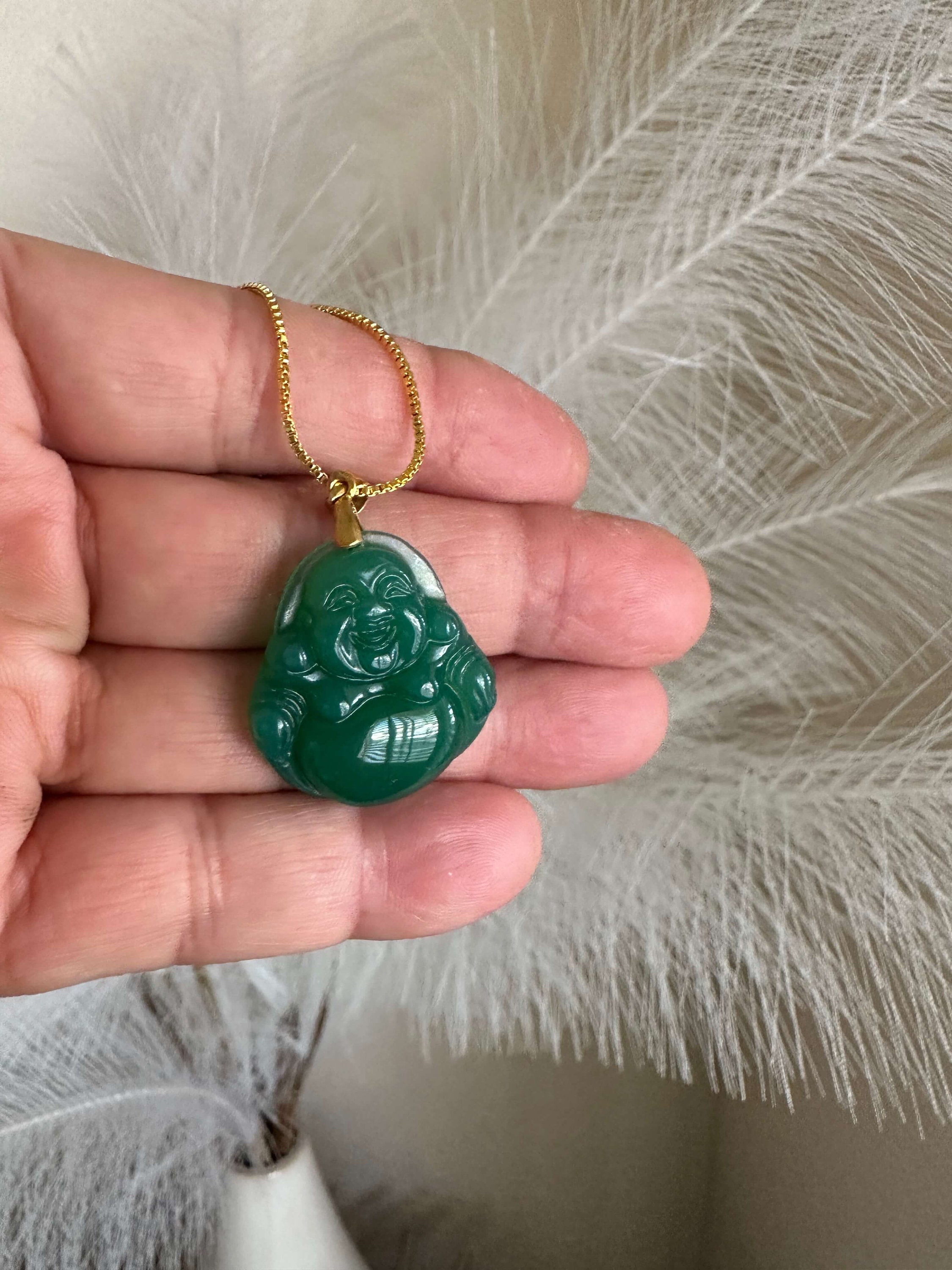 Dark Green Jade Buddha Pendant necklace gold chain Good Fortune Money Luck Joy Calm Protection from harm Unique Healthy Gift for her him Joy