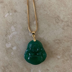 Smiling Buddha Jade Pendant necklace gold Good Fortune Happy Money Good Luck Joy Calm Restore Balance Unique Christmas Gift for her him