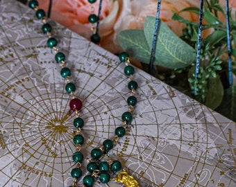 Handmade Natural Gemstone Rosary featuring Malachite and Carnelian made with Gold-filled wire
