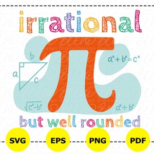 Może przedstawiać: Kolorowy projekt graficzny z napisem "irrational" w tęczowych kolorach nad dużym pomarańczowym symbolem Pi. Poniżej napis "but well rounded" w kolorze niebieskim, fioletowym i zielonym. Zawiera równania matematyczne i ikony typów plików.