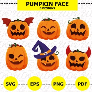 May include: Six digital designs of pumpkin faces with different expressions. The designs include a pumpkin with a witch's hat, a pumpkin with horns, and a pumpkin with a winking eye. The text "PUMPKIN FACE" and "6 DESIGNS" is at the top of the image. The text "SVG", "EPS", "PNG", and "PDF" is at the bottom of the image.