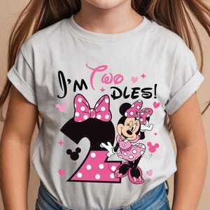 May include: A light gray t-shirt featuring a graphic of Minnie Mouse and the text "I'm Two Dles!" in pink and black. The number 2 is pink with white polka dots. Hearts and stars are also included.