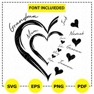 Coração personalizado avó svg, personalizado filho da mãe svg, coração com nome dos netos svg, personalizado, camisa da avó svg, presente para a mãe, fonte incluída