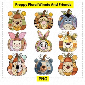 May include: Nine colorful pumpkin designs featuring Winnie the Pooh characters. Each pumpkin has a patchwork design with floral accents and character faces. The top banner reads "Preppy Floral Winnie And Friends" and the bottom right corner has "PNG".