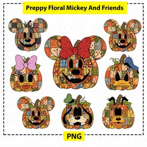 以下が含まれることがあります： ミッキーマウス、ミニーマウス、ドナルドダック、グーフィーなど、カボチャの形をしたキャラクターのイラストのコレクション。 各カボチャは、花柄と笑顔の顔を持つパッチワークデザインが特徴です。 テキスト「Preppy Floral Mickey And Friends」が上部にあります。