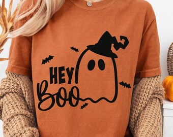 Hey Boo SVG PNG, Halloween Ghost Shirt Design, Witch Hat Cut File
