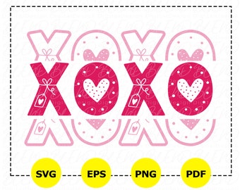 May include: Pink and red graphic design featuring the word "XOXO" in a stylised font. The letters are outlined in pink and filled with red. Each letter contains a small heart with white polka dots.