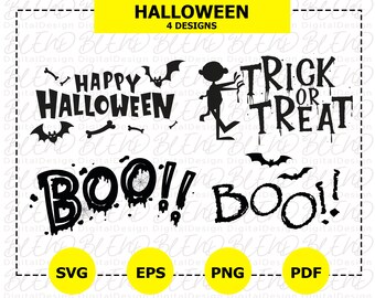 Halloween SVG Bundle, 4 Designs Png Eps Pdf, Trick or Treat Boo Cut Files