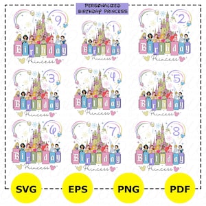 Paquete de princesas de cumpleaños personalizadas (PNG), princesas de Disneyland (PNG), cumpleañera (PNG), archivo de princesa (PNG), vacaciones familiares 2025, Reino Mágico