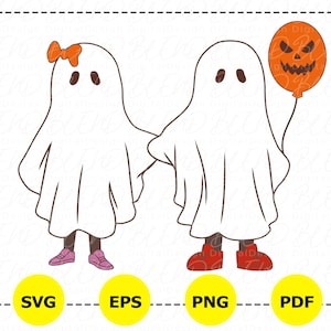 May include: Two white ghosts with black eyes and mouths, one wearing a red bow, holding a bright orange balloon with a jack-o-lantern face.