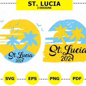 May include: Two designs for a St. Lucia holiday souvenir. The first design features a yellow circle with palm trees and the text "St. Lucia 2024". The second design features a yellow rectangle with palm trees and the text "St. Lucia 2024".