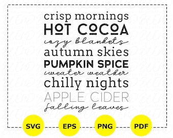 Cozy Fall Words SVG, Autumn Sign, Hot Cocoa, Pumpkin Spice (Digital Download)