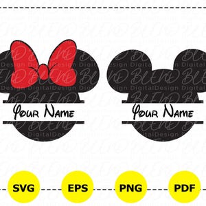 May include: Black and white silhouette of Mickey Mouse and Minnie Mouse heads with the text "Your Name" in a split banner below each head. The Minnie Mouse head has a red bow.