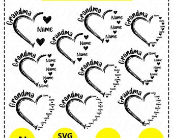 Personalized Grandma Heart SVG AI, Kids Name SVG Sublimation, Grandma Designs, Custom Family name, Vinyl Sublimation,Doodle Heart Svg, Png