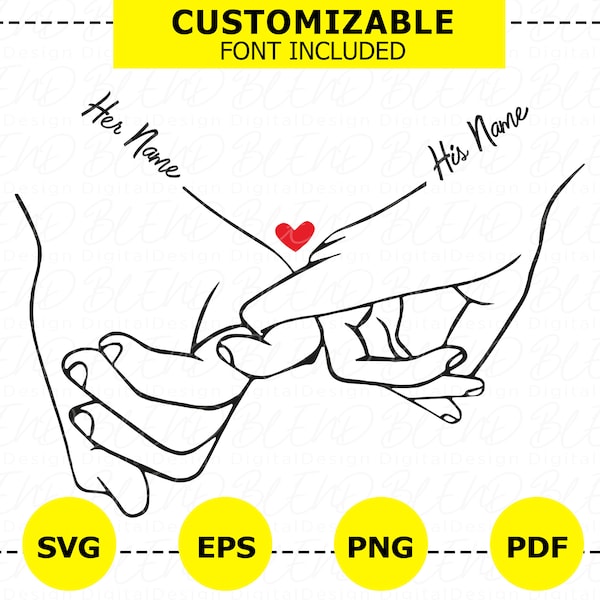 Svg main dans la main, Svg amour, Svg Pinky Hold, personnaliser avec votre propre texte, ajouter des noms et des dates, téléchargement immédiat, design Love Hands, Svg couples