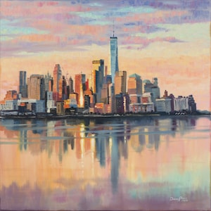 New York Skyline Painting Cityscape Canvas Print City Abstract Art Manhattan Painting River Painting Urban Wall Art Sky by DianaArtPrintShop