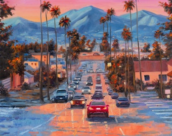 Los Angeles Malerei Kalifornien Leinwand Druck von Original Stadtbild Impasto Ölgemälde Palm Tree Art Urban Art Print von DianaArtPrintShop