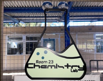 Customisabl Conical Flask classroom door sign, teacher gift 3D classroom name plate, chemistry science laboratory, futuristic, space aged